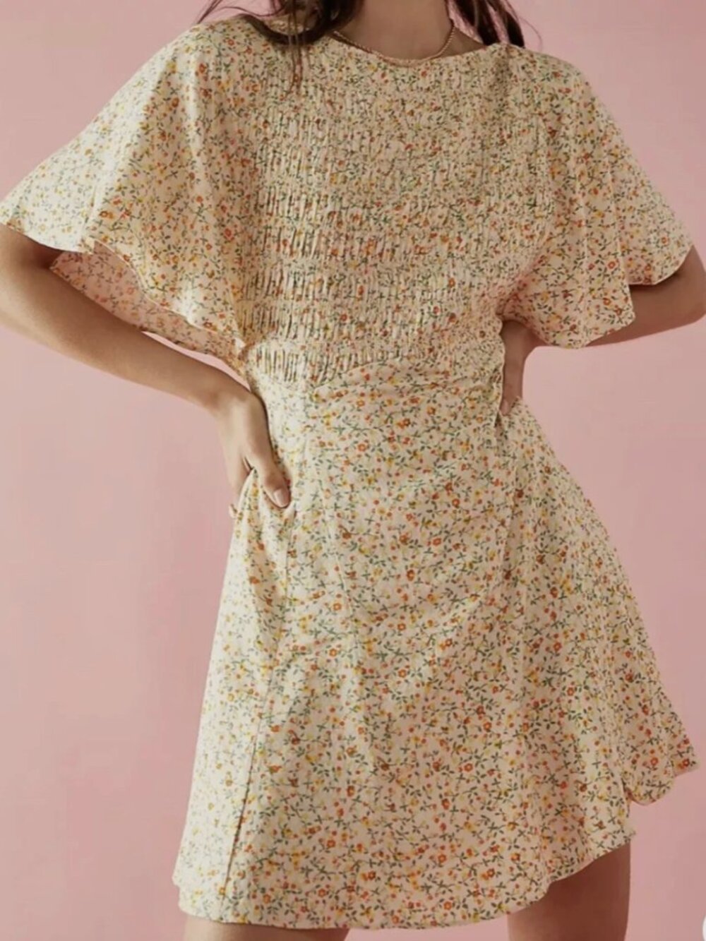 Free People Florence Smocked Yellow Floral Backless Mini Dress Small Summer Boho